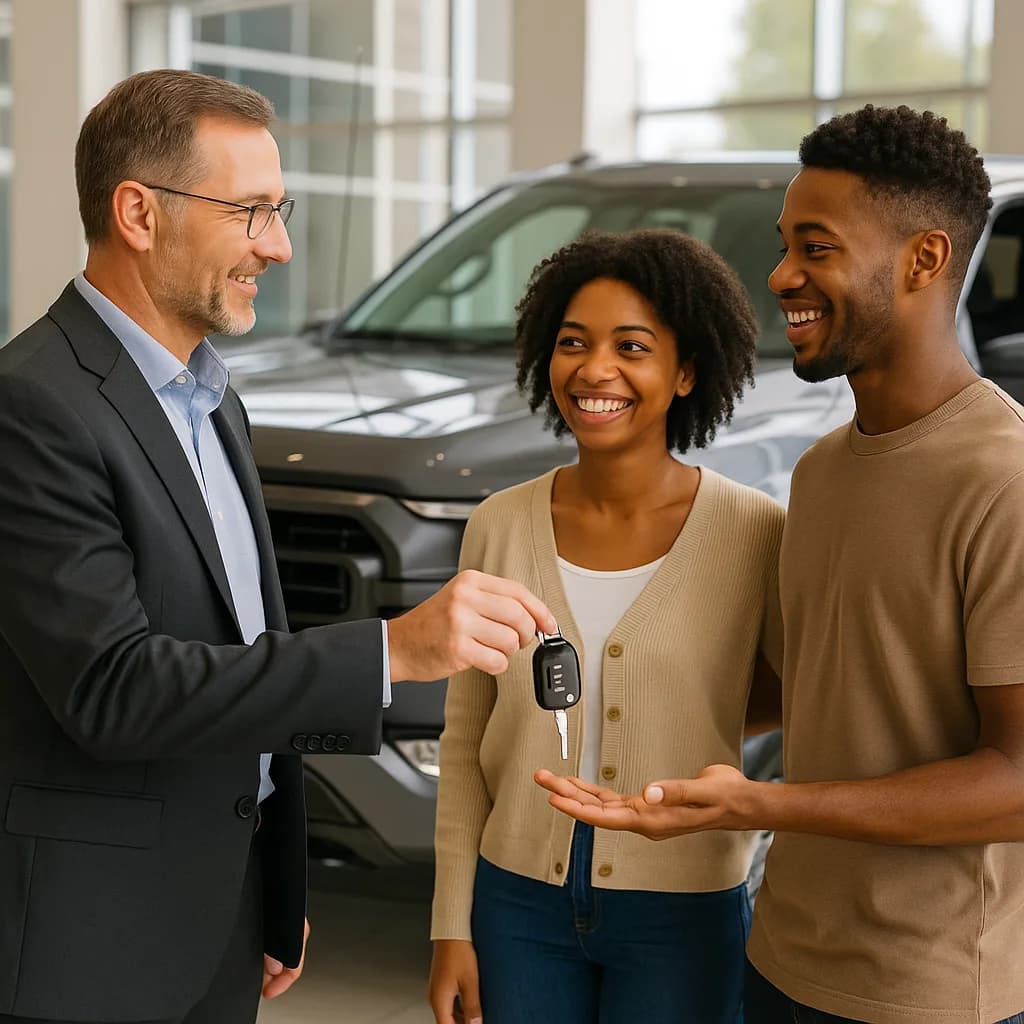 Car salesman handing keys to happy couple at dealership showroom