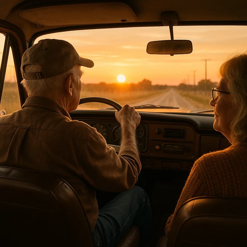 Elderly couple driving vintage car at sunset on rural road, viewed from back seat