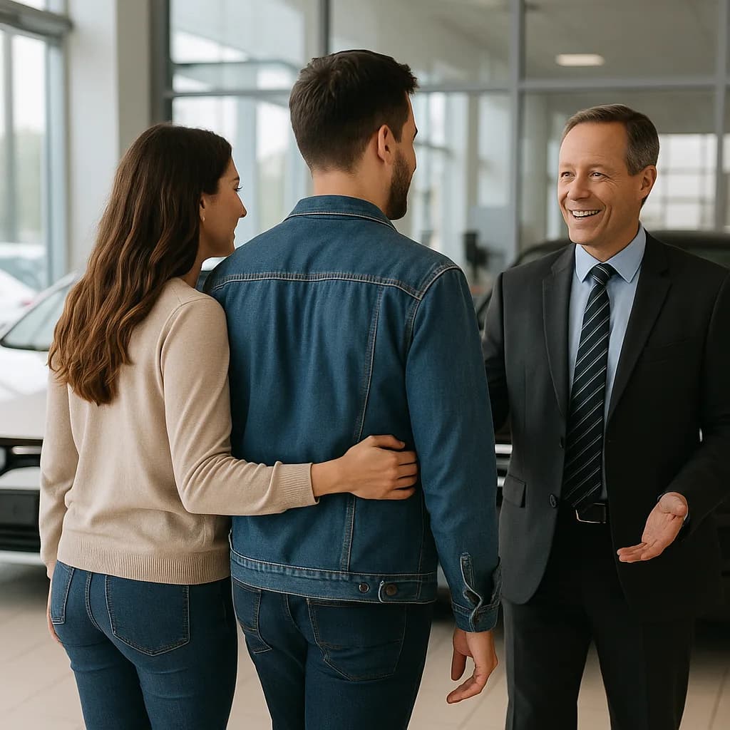 Couple consulting with car salesman in modern auto dealership showroom