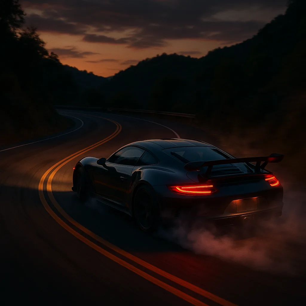Sports car drifting on mountain road at sunset with glowing taillights and tire smoke