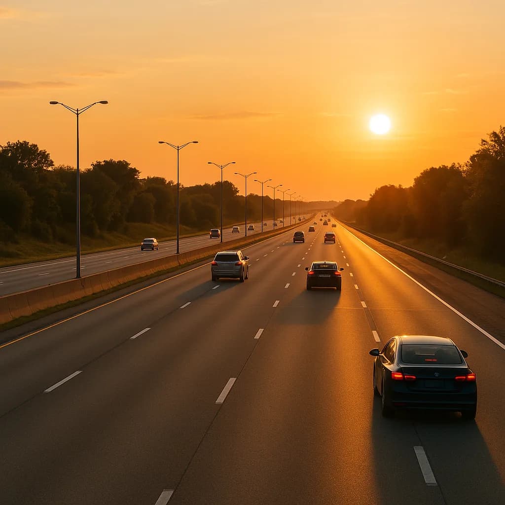 Highway with cars driving toward sunset during golden hour with streetlights and trees lining both sides