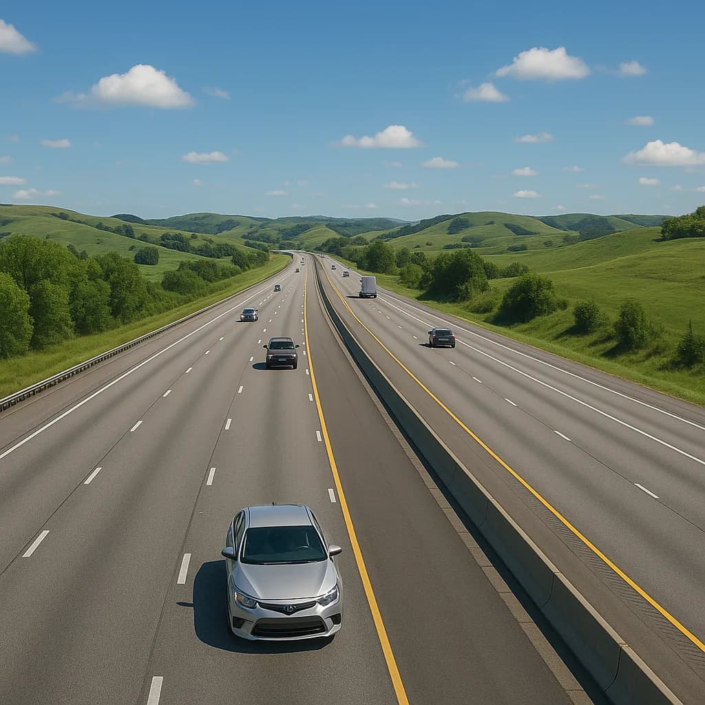Aerial view of highway with cars driving through green rolling hills on sunny day