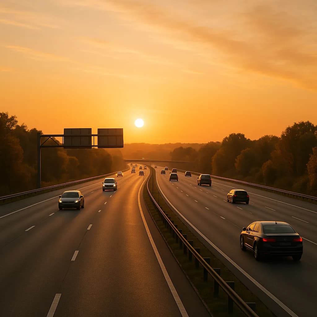 Highway at sunset with cars driving on divided road through tree-lined landscape in golden hour light