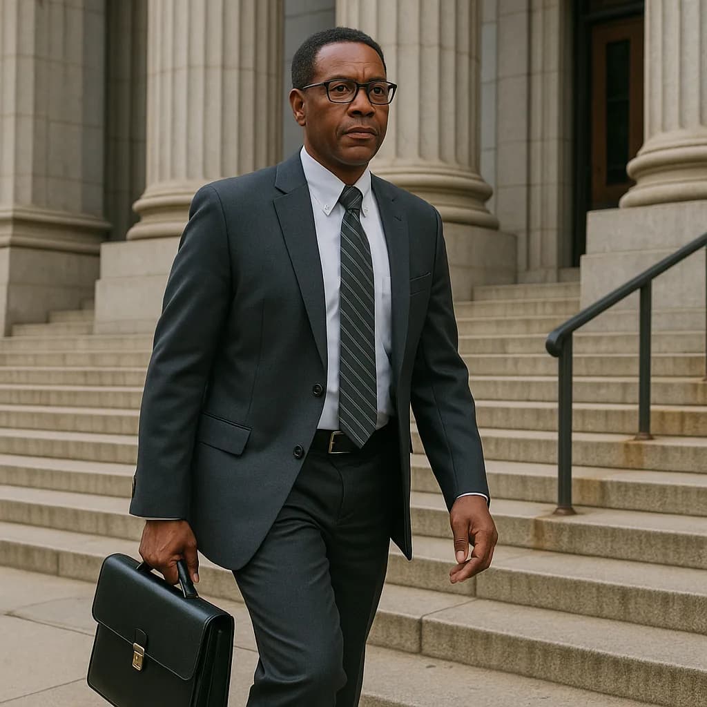 Professional businessman in suit carrying briefcase on courthouse or government building steps