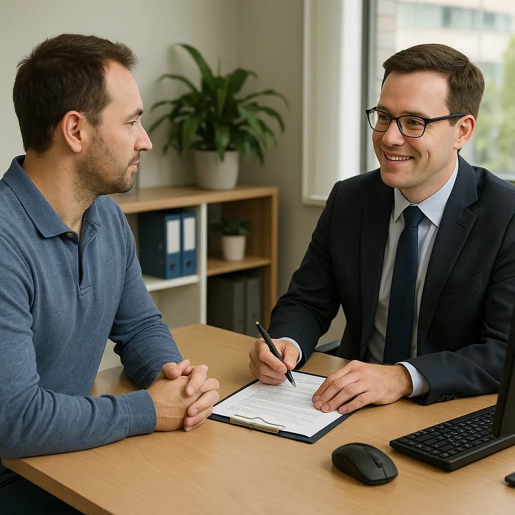 Two businessmen having a professional consultation meeting at an office desk with documents