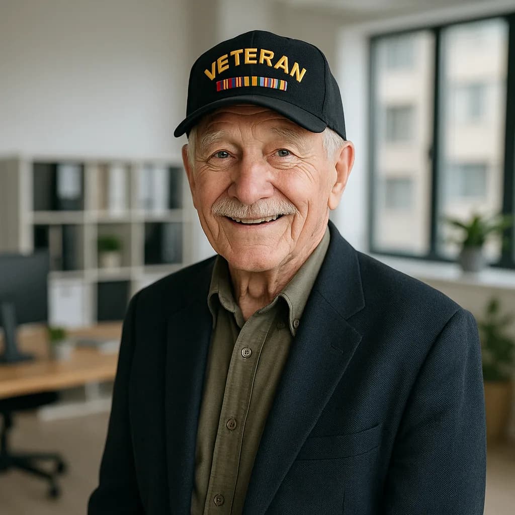 Smiling elderly veteran in baseball cap and blazer in modern office setting