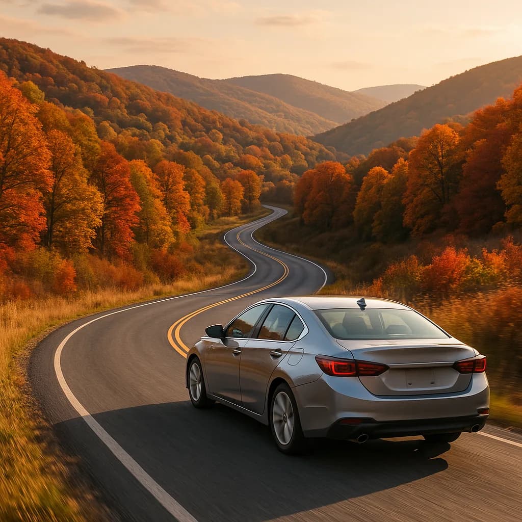 Silver car driving on winding mountain road through autumn forest with colorful fall foliage