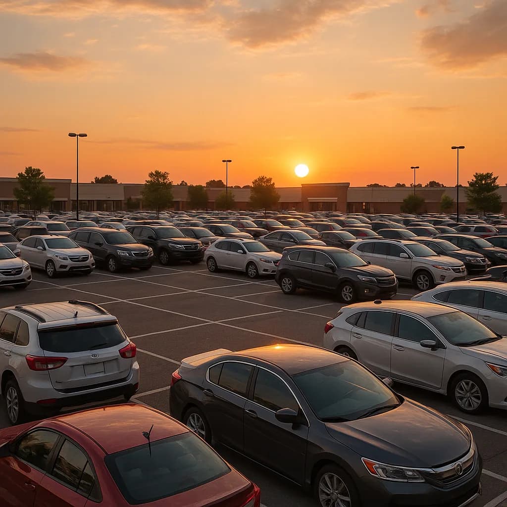 Crowded parking lot full of cars at sunset with orange sky and commercial building in background