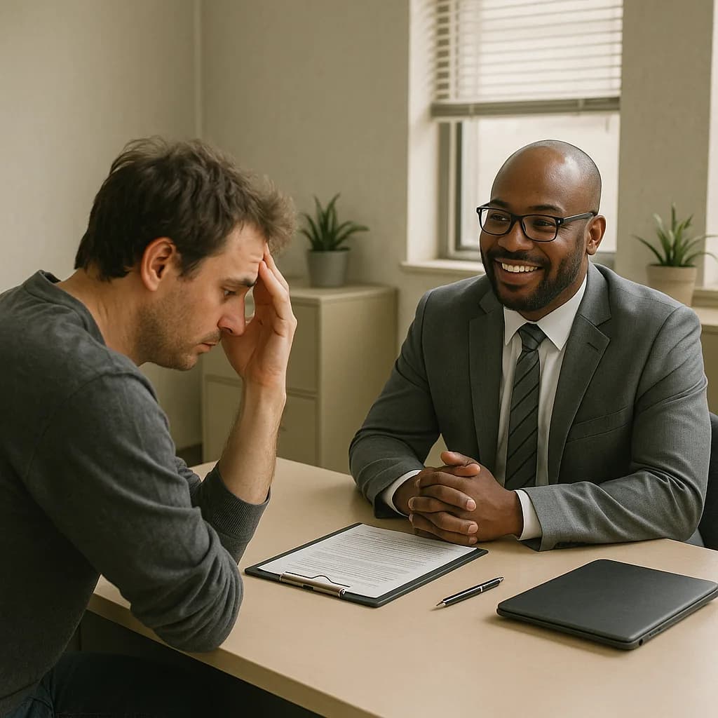 Professional counselor meeting with stressed client at desk in modern office setting