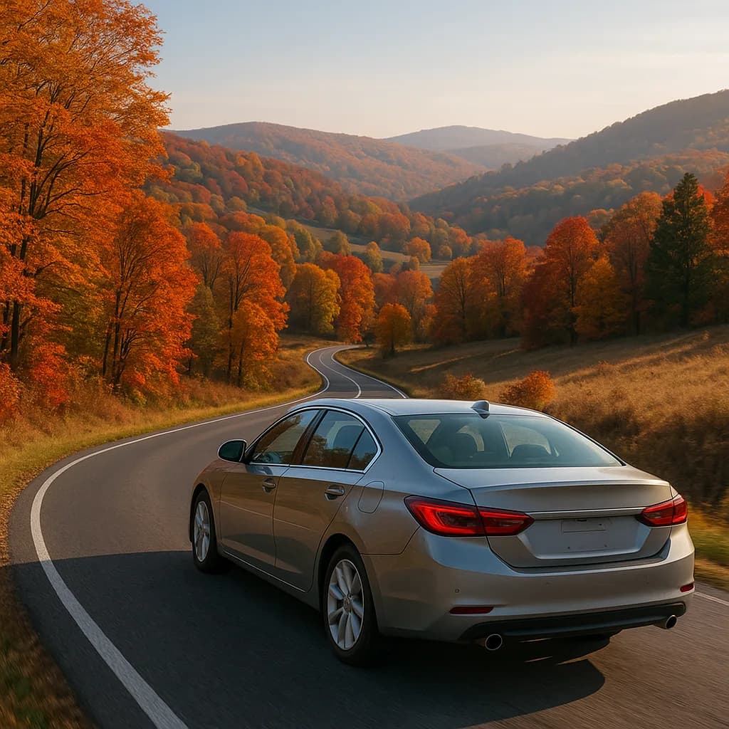 Silver car driving on winding road through autumn mountains with orange and red fall foliage