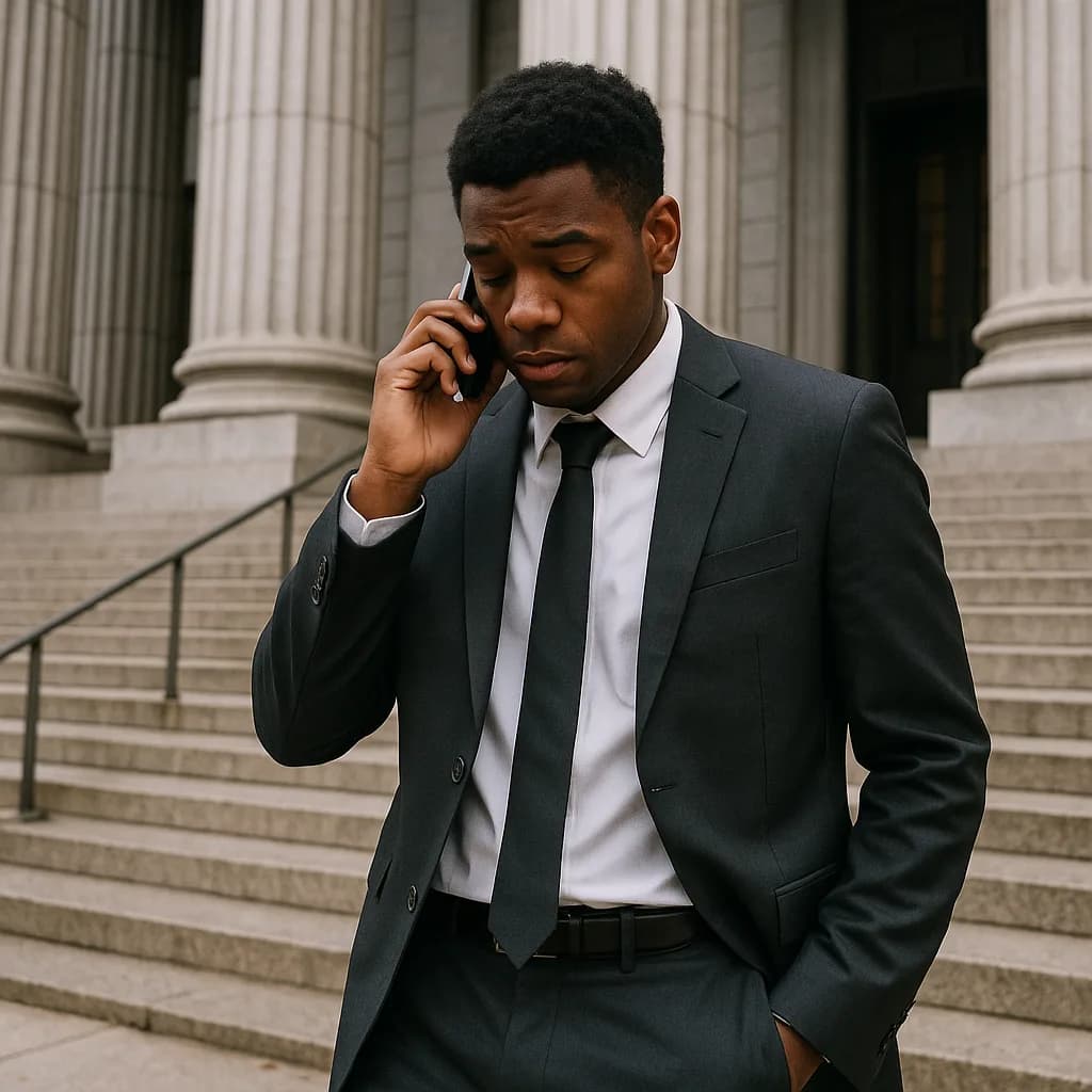 Professional man in suit talking on phone outside courthouse with columned architecture