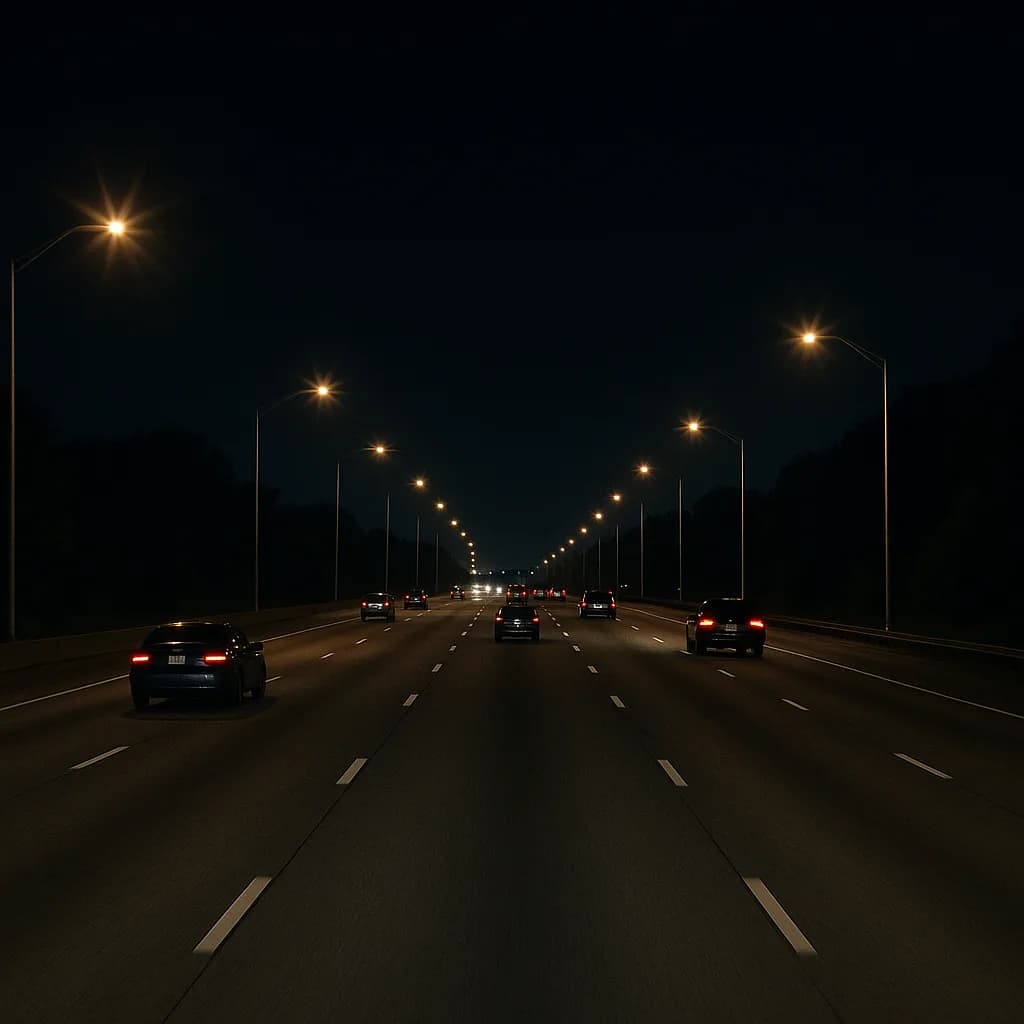Cars driving on illuminated highway at night with streetlights creating a glowing path ahead