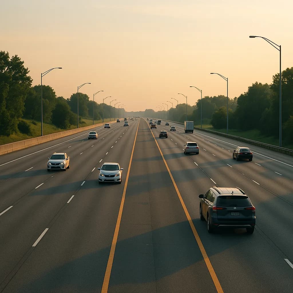 Multi-lane highway with light traffic during golden hour, lined with street lamps and trees on both sides