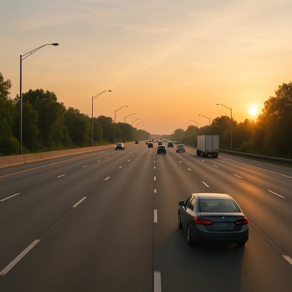 Highway at sunset with cars and trucks driving toward golden sun on horizon, street lamps and trees lining road