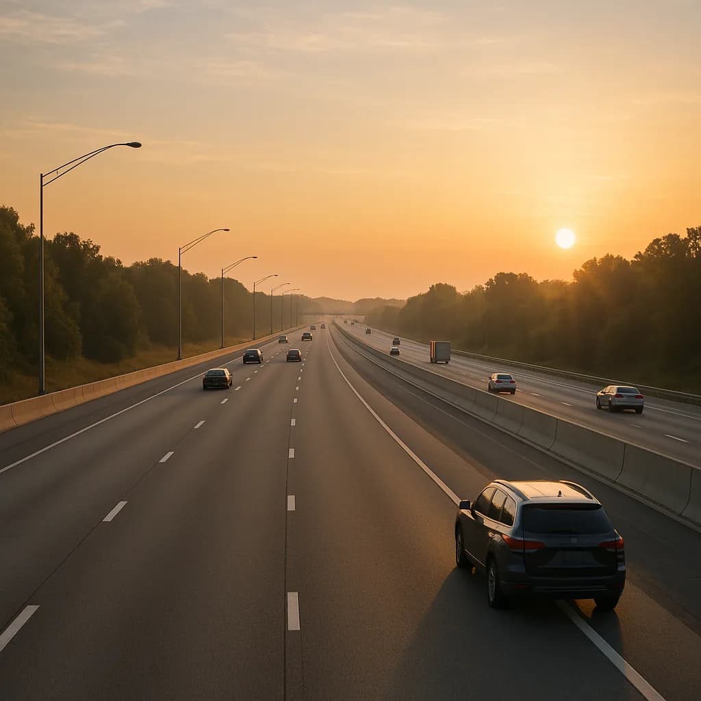 Highway at sunset with cars driving on divided interstate surrounded by trees and golden sky
