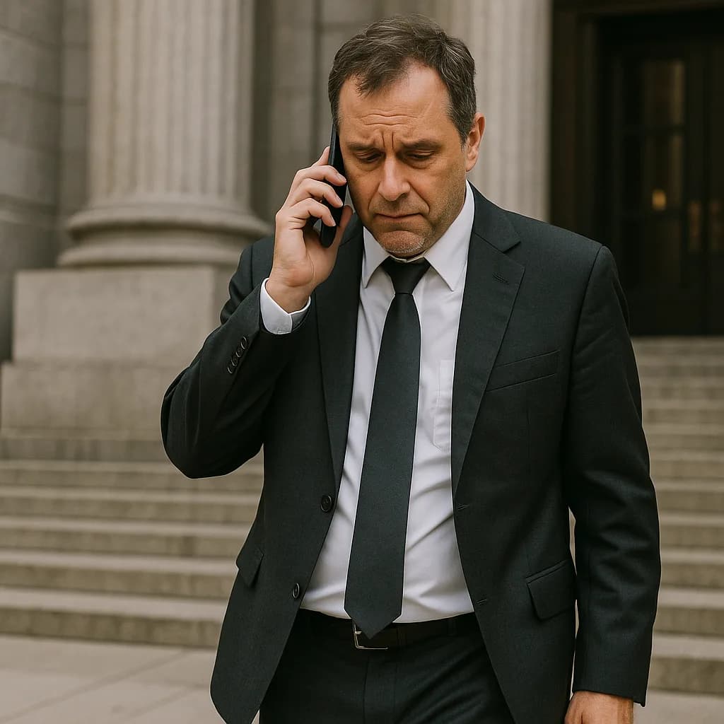 Serious businessman in suit talking on phone outside courthouse with classical columns