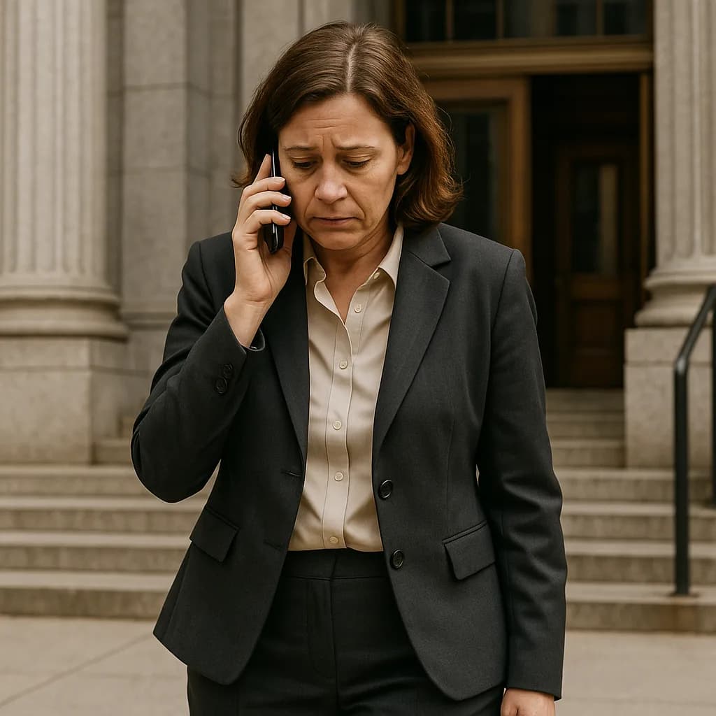 Professional woman in business suit talking on phone with worried expression outside courthouse building