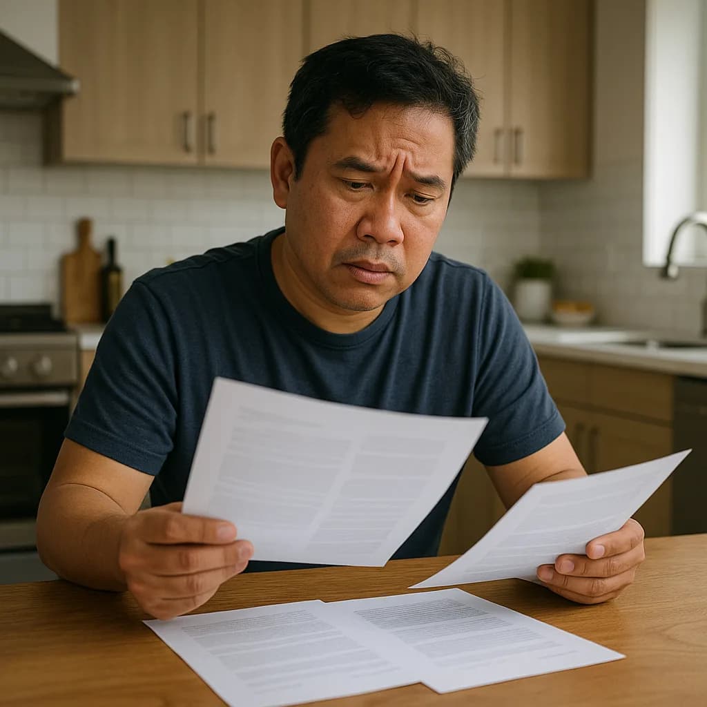 Asian man reviewing documents with concerned expression at kitchen table